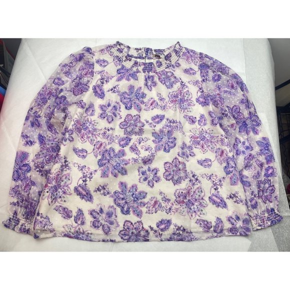 LOFT Women Petite Floral Clip Smocked Puff Sleeve Blouse Large - Picture 14 of 16